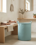 Striped Laundry Basket styled in a Japandi interior