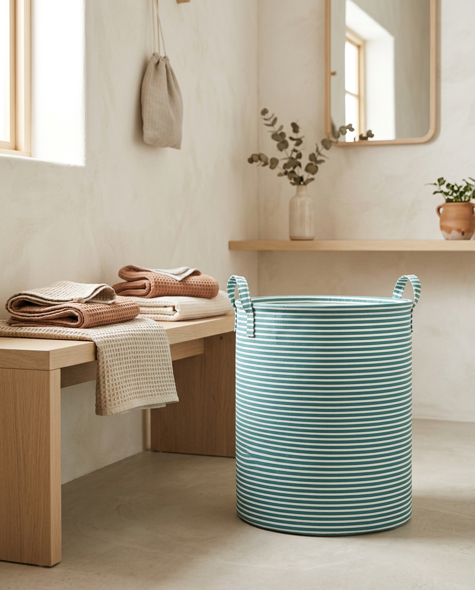 Striped Laundry Basket styled in a Japandi interior