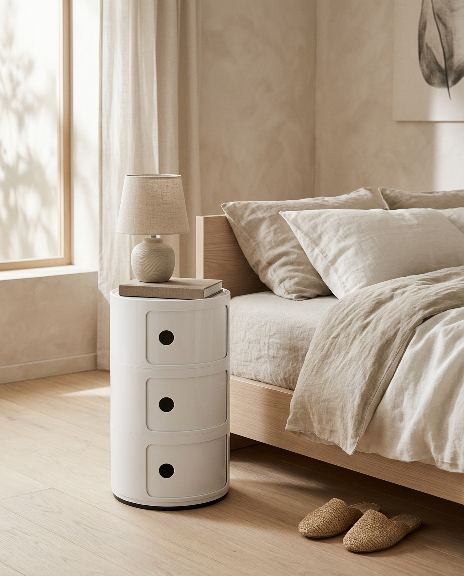 Round White Bedside Table styled in a Japandi interior