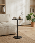 Scandinavian Round Side Table styled in a Japandi interior