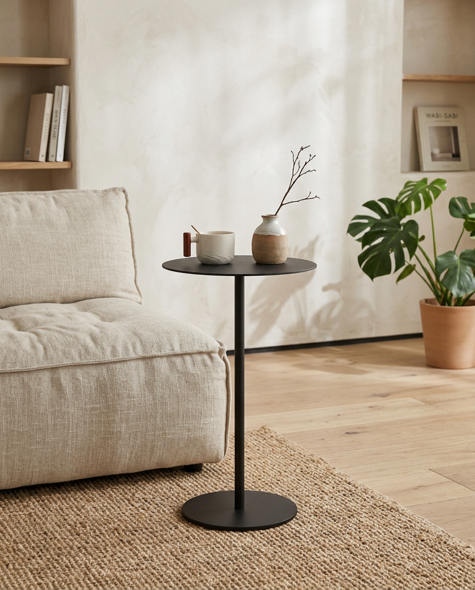 Scandinavian Round Side Table styled in a Japandi interior