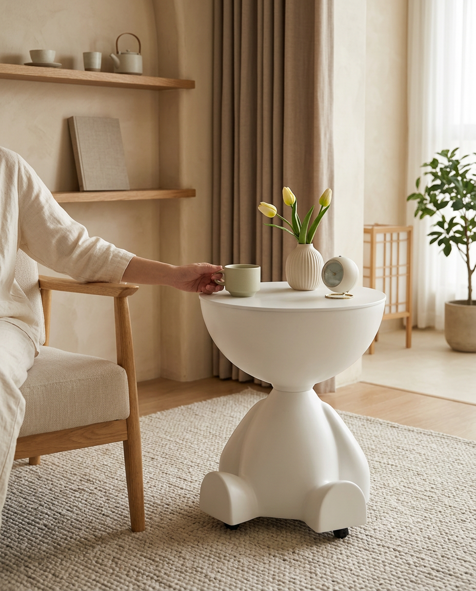 Movable Mini Side Table styled in a Japandi interior