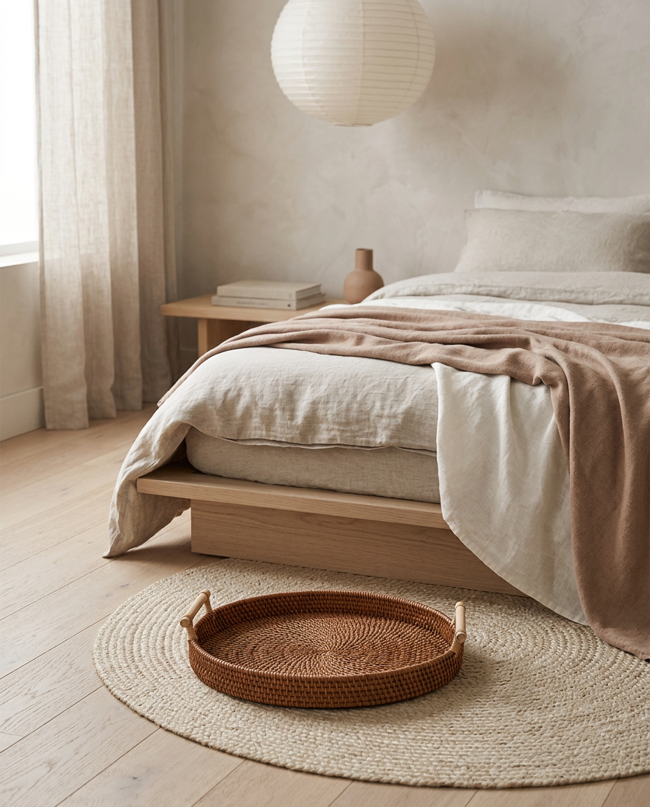 Rattan Basket With Lid styled in a Japandi interior
