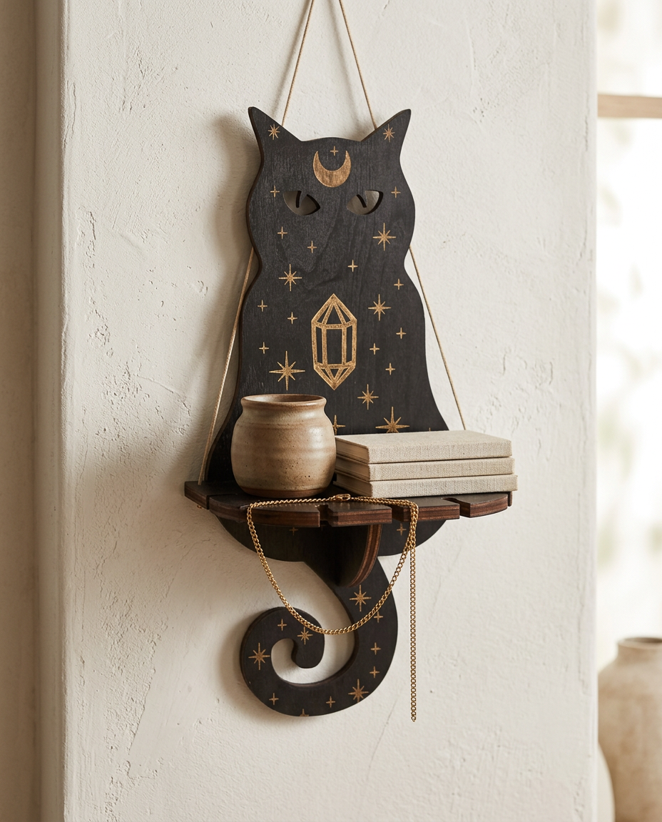 Wooden Hanging Wall Shelf styled in a Japandi interior