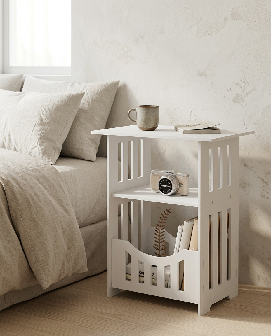 Bedside Storage Side Table styled in a Japandi interior