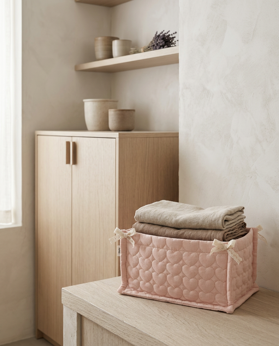 Quilted Storage Basket styled in a Japandi interior