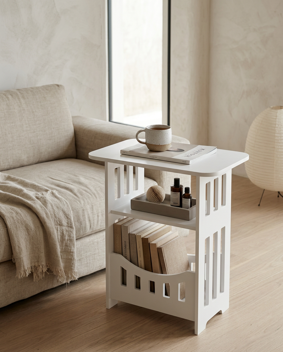 Nordic Storage Side Table styled in a Japandi interior