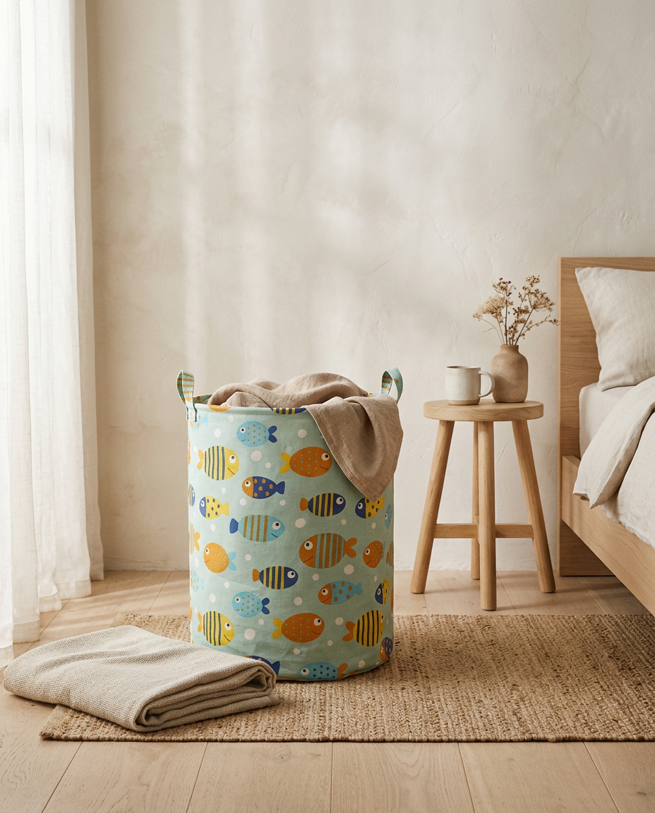 Cotton Linen Laundry Basket styled in a Japandi interior