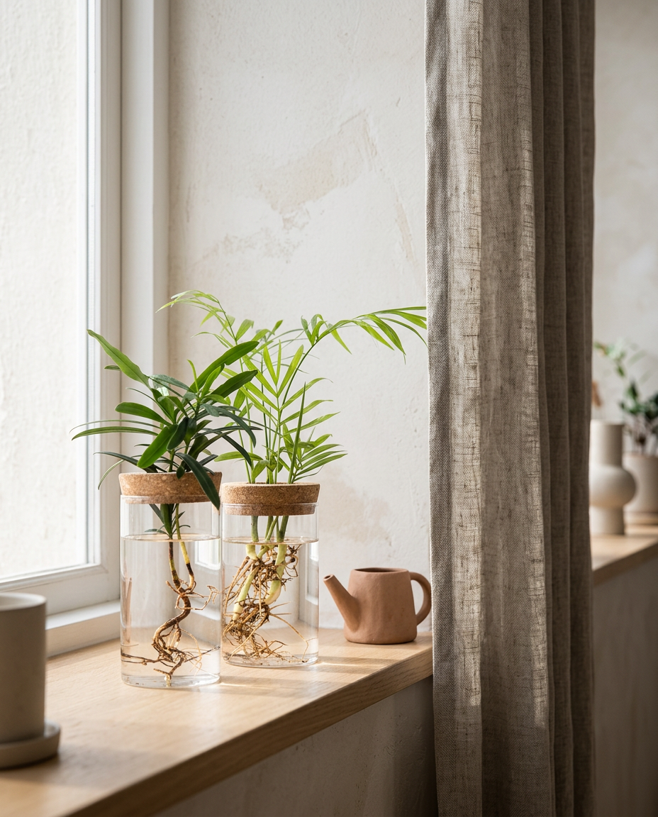 Glass Propagation Vase styled in a Japandi interior