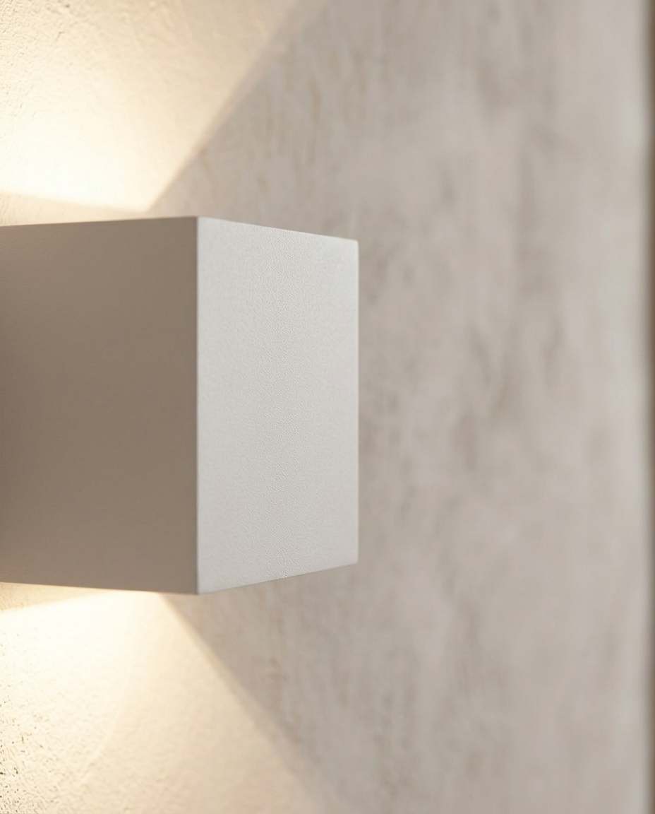 Up Down Wall Light — close detail of the fixture edge and light wash on plaster