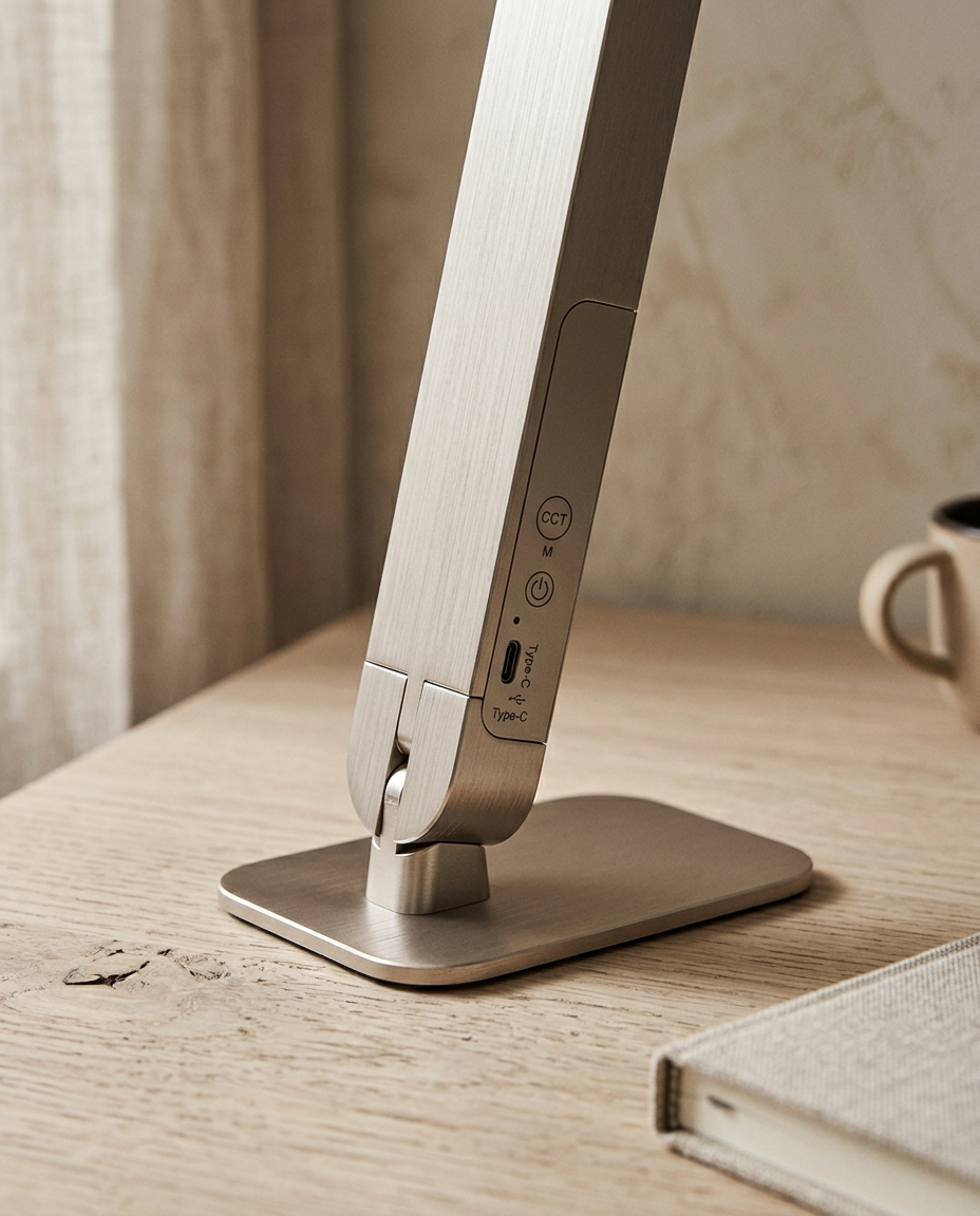 Rechargeable LED Desk Lamp — close detail of the lamp head and brushed metal finish