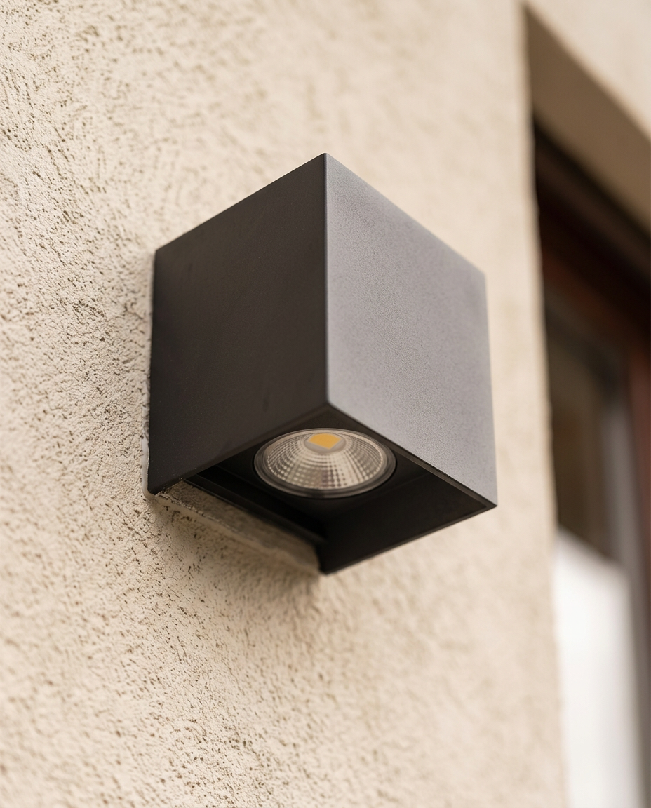 Outdoor LED Wall Sconce — close detail of the brushed aluminium housing and light aperture