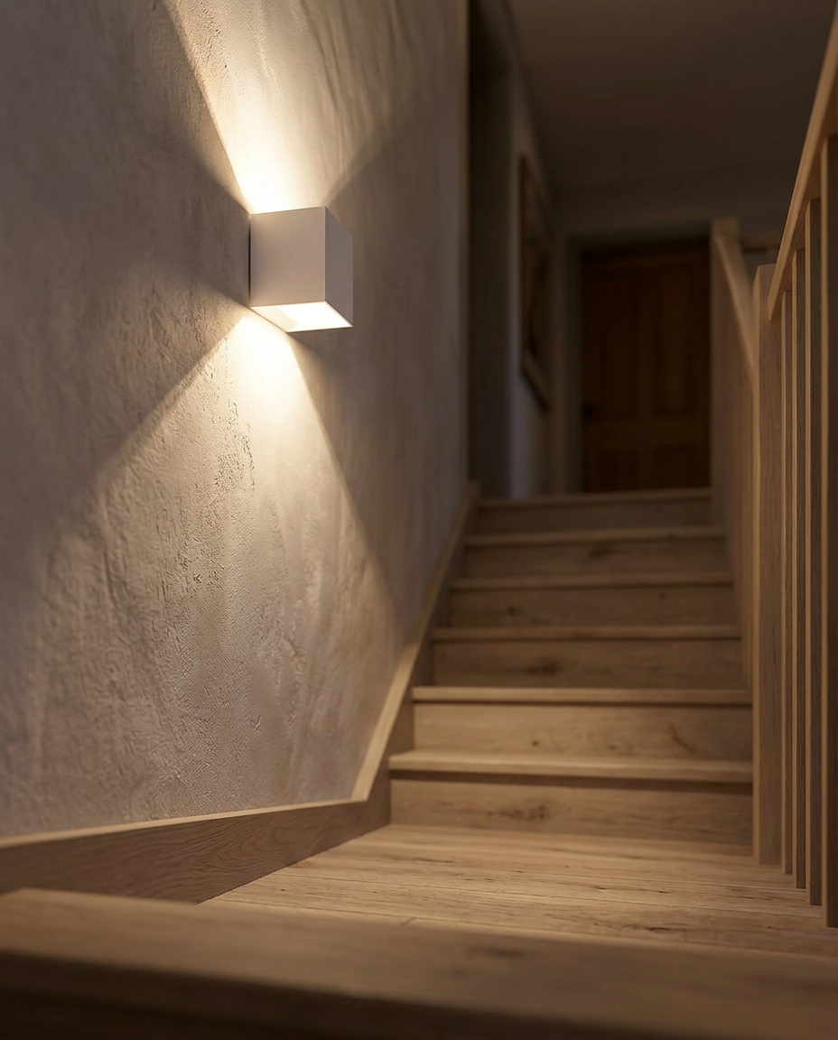 Up Down Wall Light — in a stairwell at night seen from a low angle