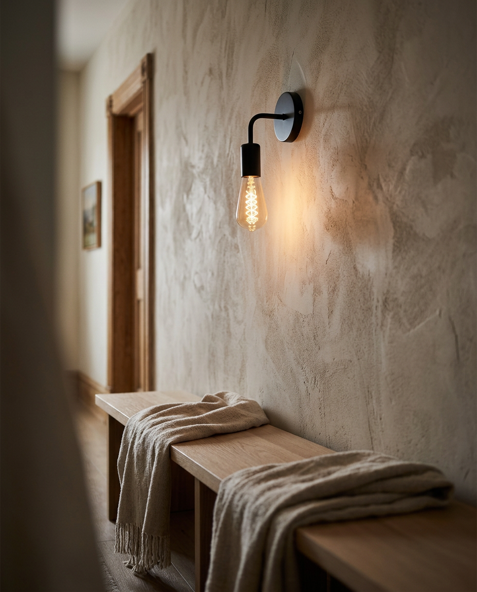Black Iron Wall Sconce — lit in a narrow entryway at dusk above an oak bench