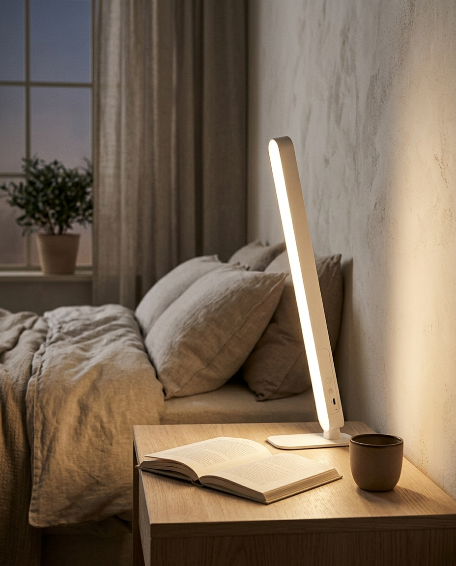 Rechargeable LED Desk Lamp — in use on an oak bedside table at dusk