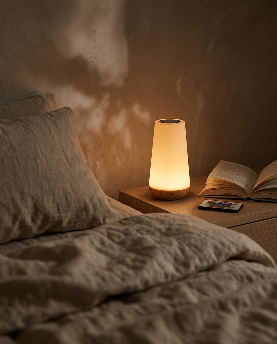Colour Changing Bedside Lamp — glowing on a nightstand beside linen bedding at night