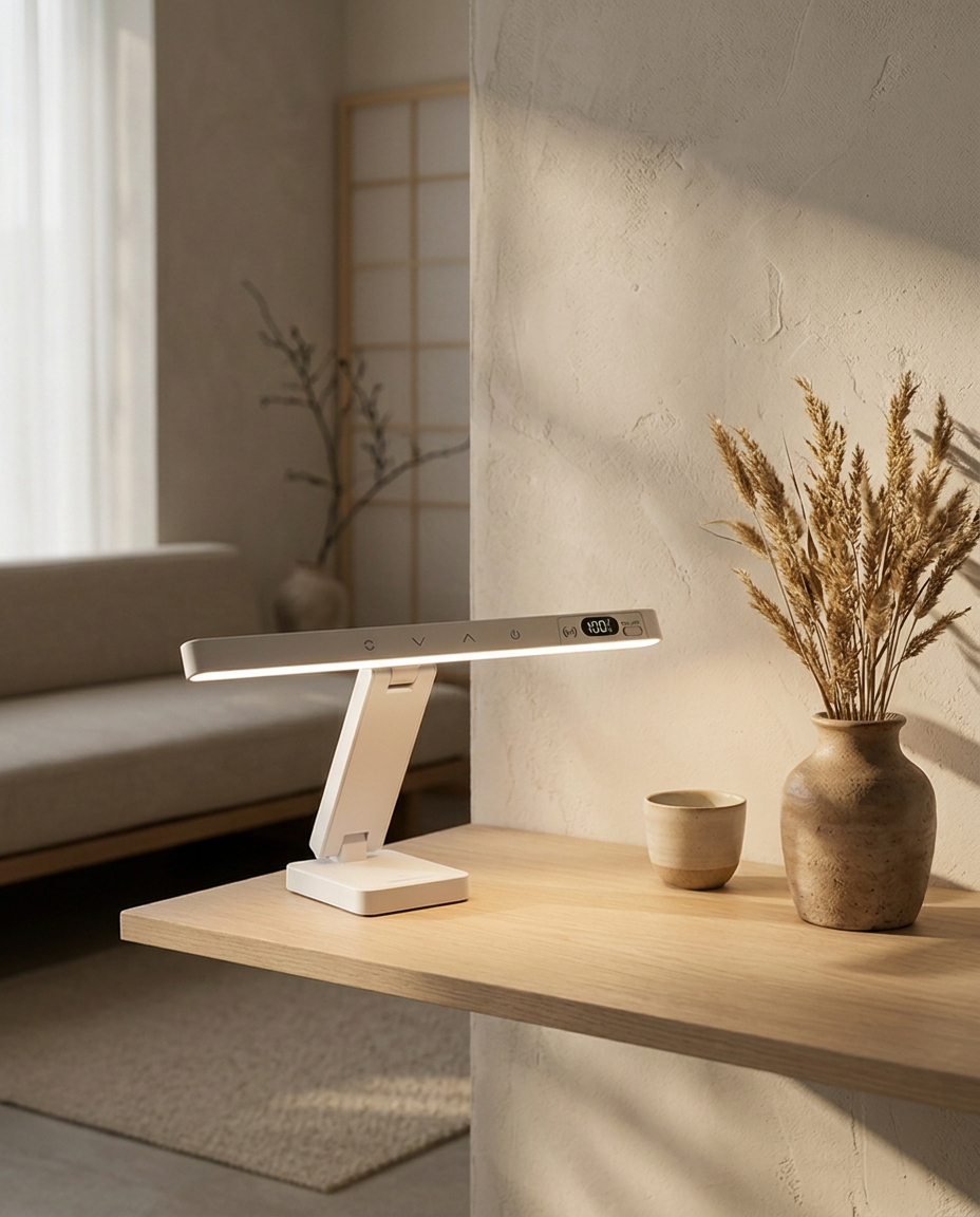 Magnetic Touch Table Lamp — on a floating oak shelf in an evening living room