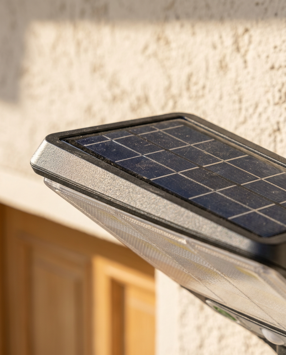 Solar Courtyard Wall Light — close detail of the solar panel top and diffuser