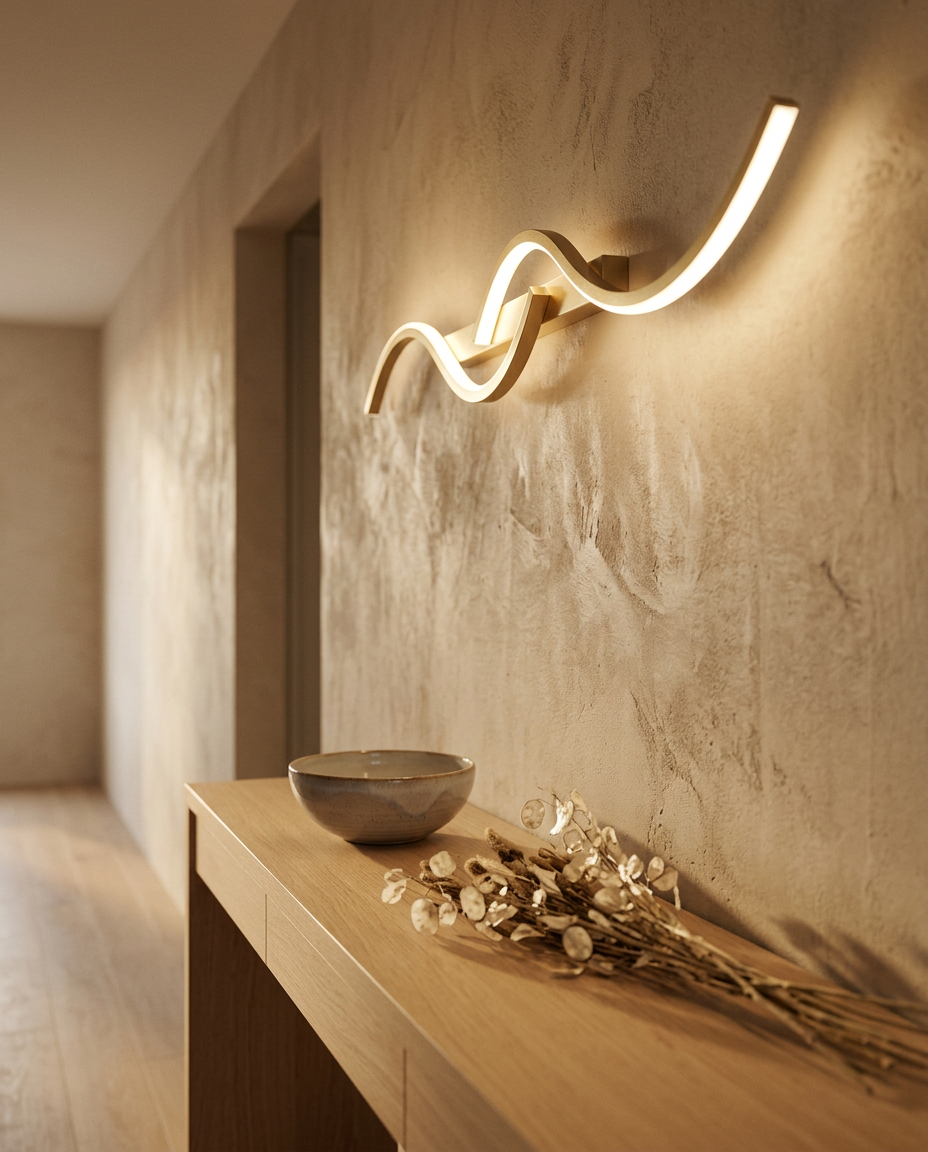 Minimalist LED Wall Light — above an oak console in a hallway at golden hour