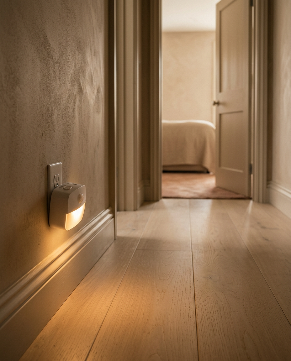 Plug In Motion Night Light — glowing on a landing at night, seen from floor level