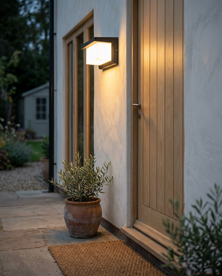 Vintage Rectangle Wall Lamp — lit beside a garden door at blue hour