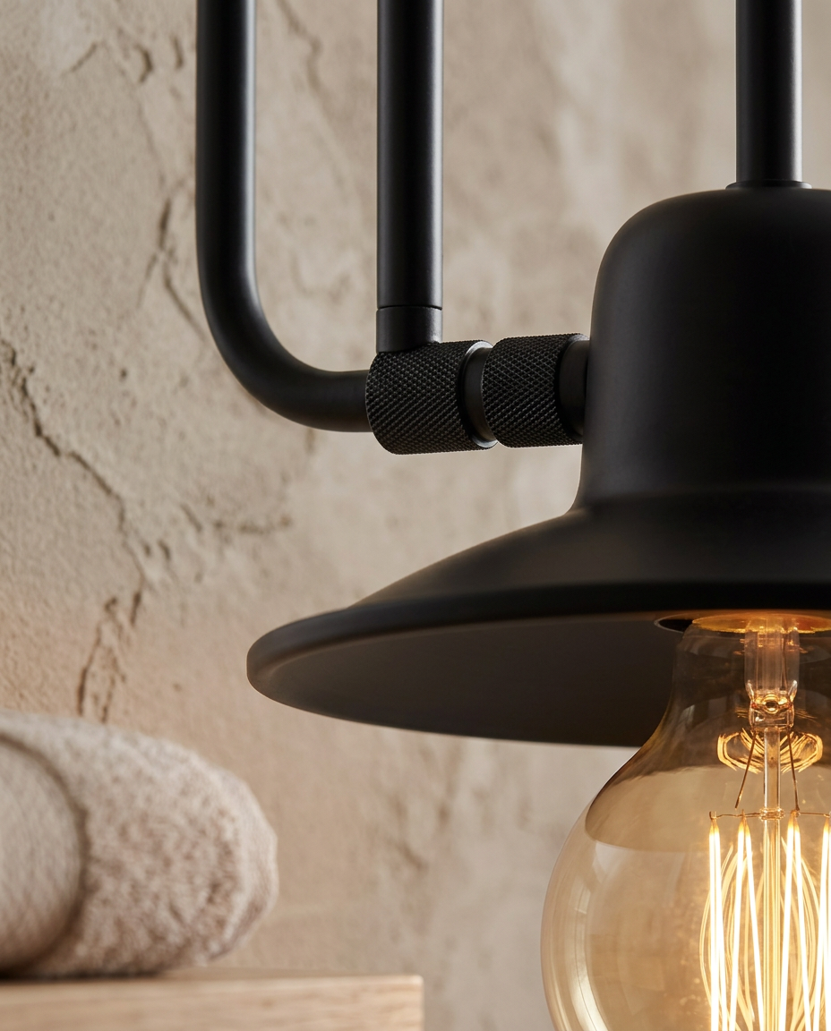 Industrial Black Wall Lamp — close detail of the matte black shade rim and knurled joint