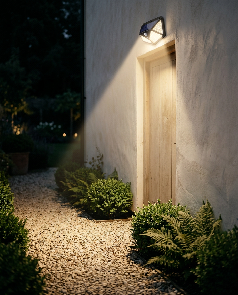 Solar Motion Sensor Lights — triggered above a side passage doorway at night