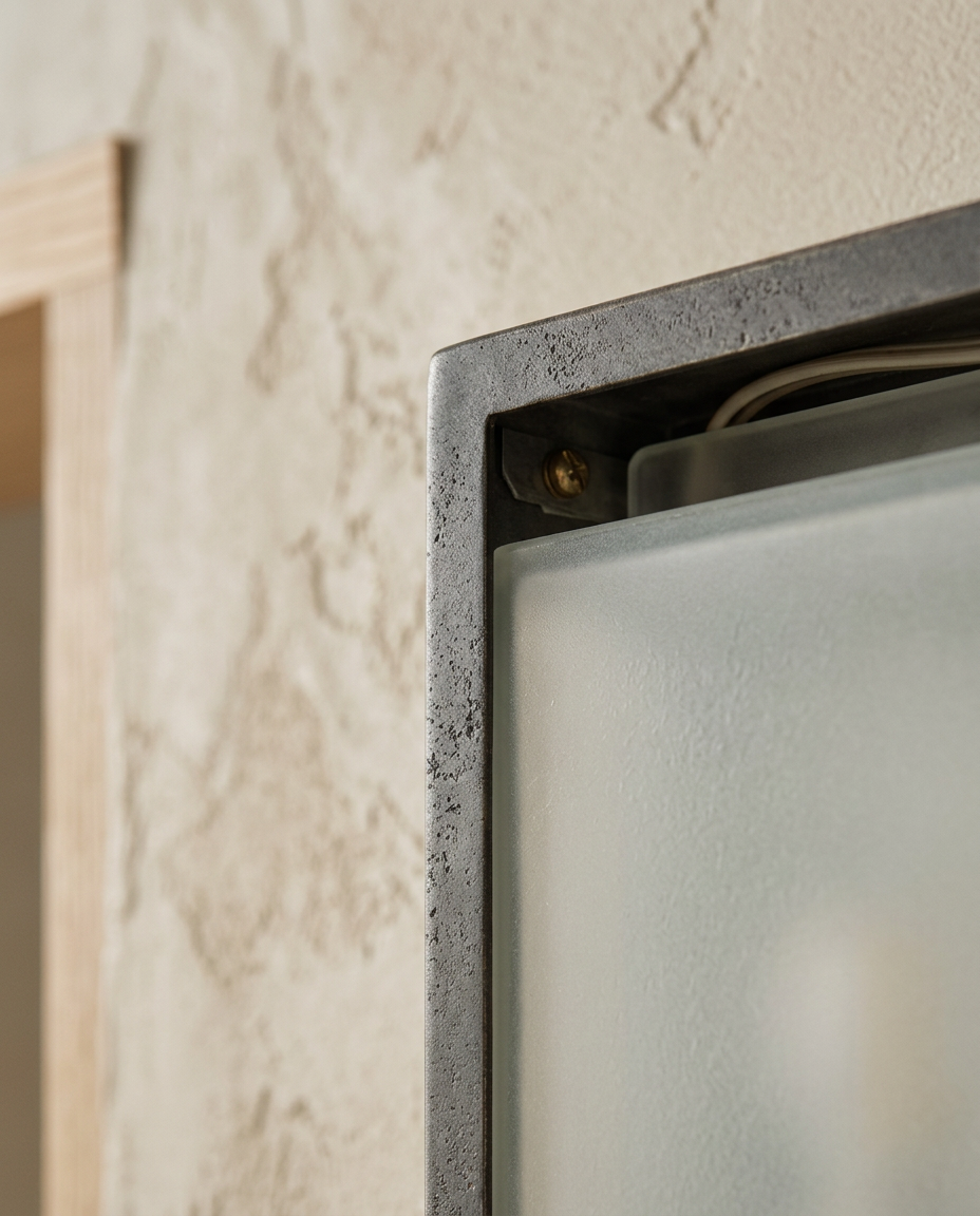 Vintage Rectangle Wall Lamp — close detail of the glass panel and aged metal frame