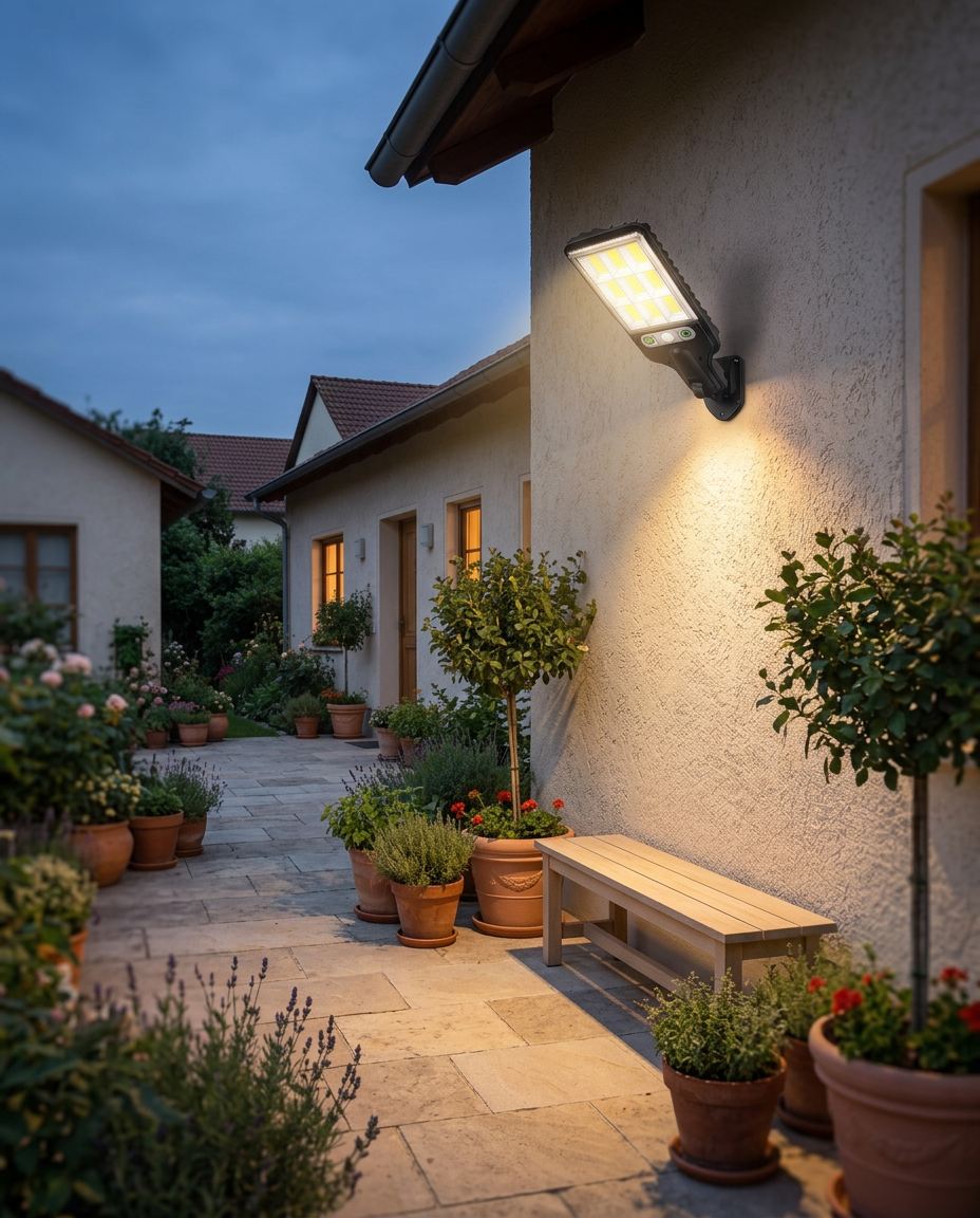 Solar Courtyard Wall Light — glowing on a walled courtyard at dusk