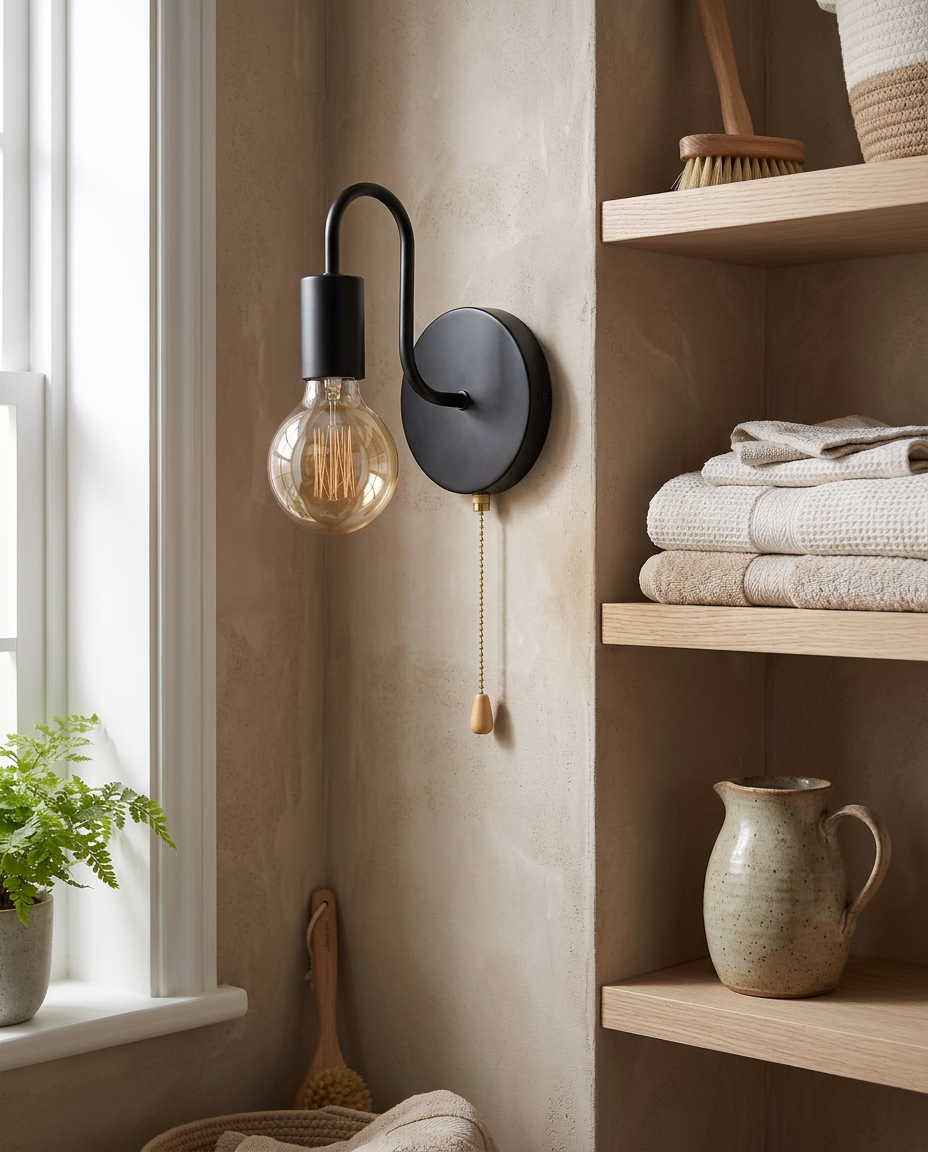 Industrial Black Wall Lamp — beside an oak utility shelf in morning light