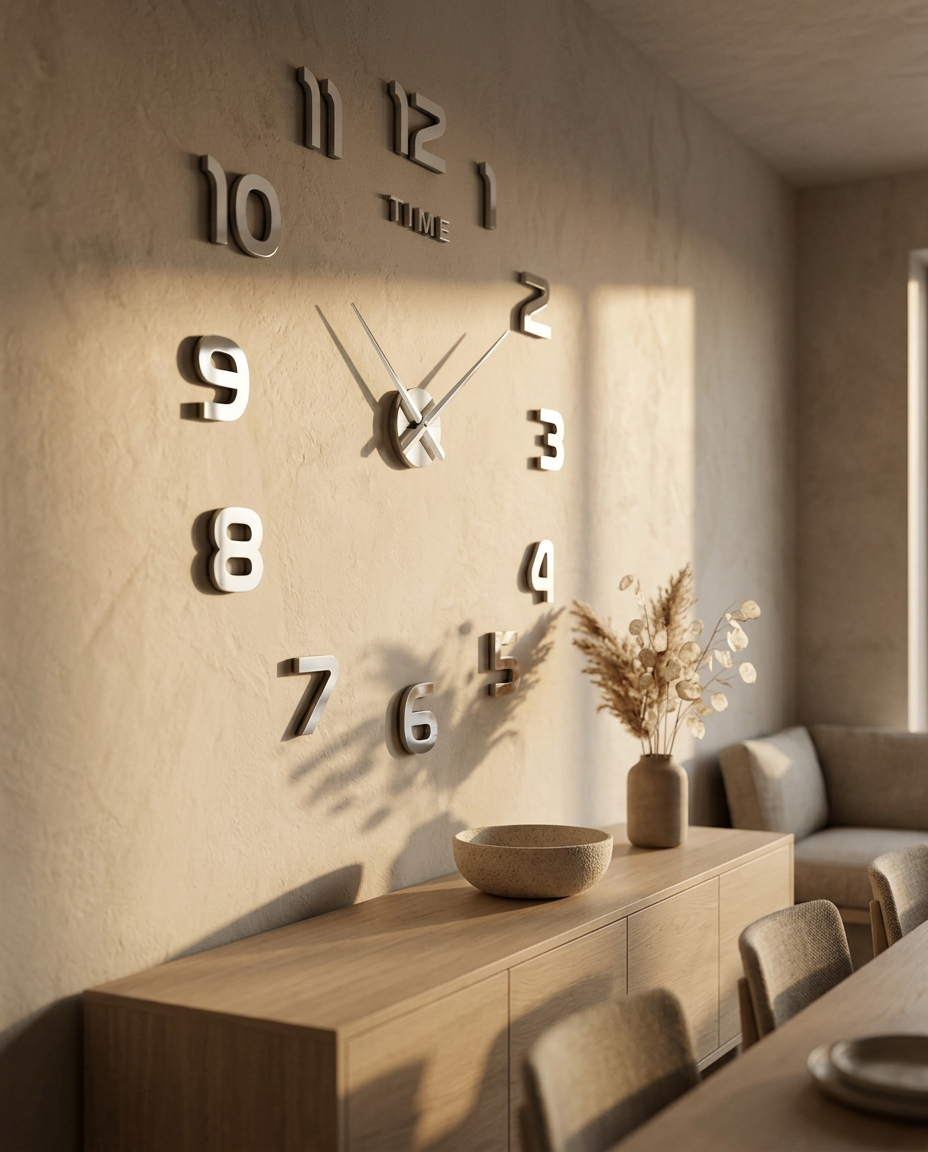3D Acrylic Wall Clock — above a dining room sideboard in raking golden hour light
