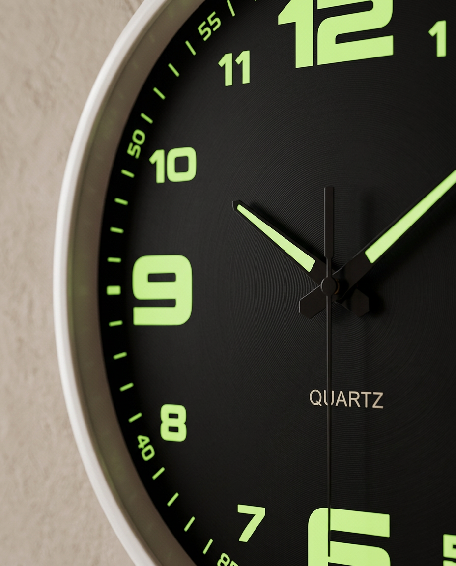Silent Luminous Wall Clock — close detail of the dial face, hands and bezel edge