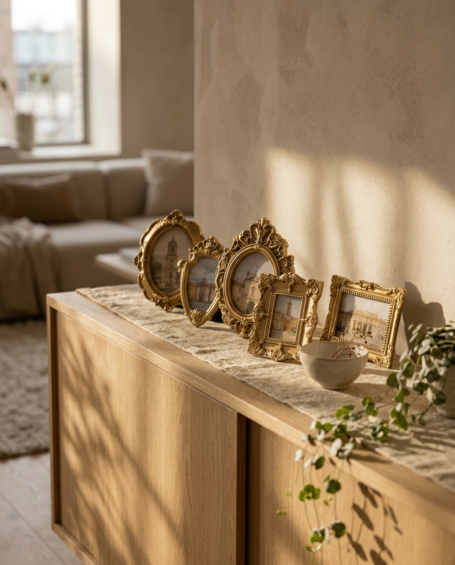 Miniature Photo Frames (Set of 5) — arranged along an oak sideboard in late afternoon light