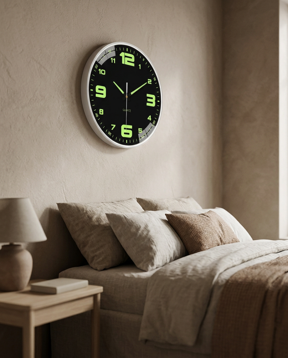 Silent Luminous Wall Clock — on a bedroom plaster wall at dusk from a low angle
