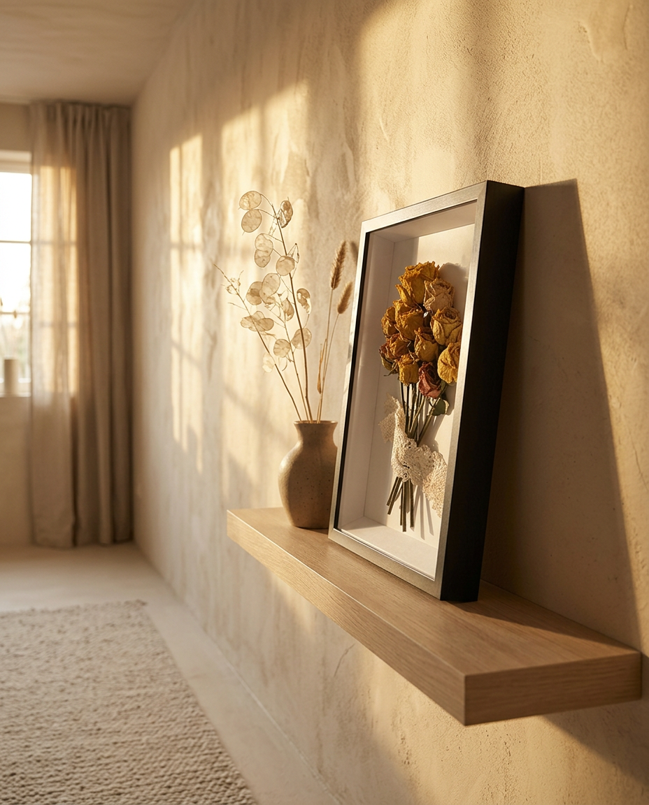 Wooden Shadow Box Frame — propped on a hallway shelf at golden hour