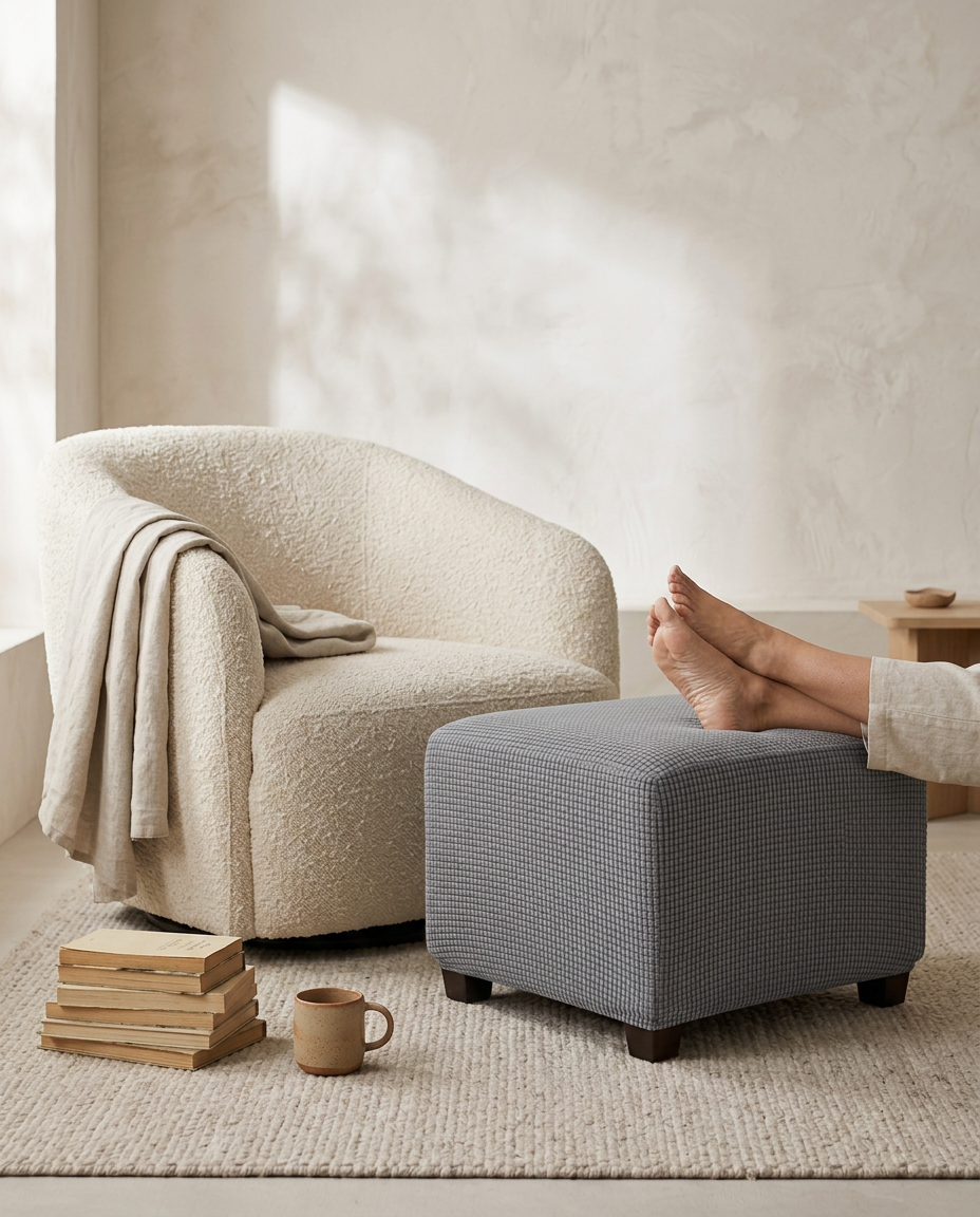 Stretch Ottoman Cover — in use in a sunlit reading corner beside a boucle armchair