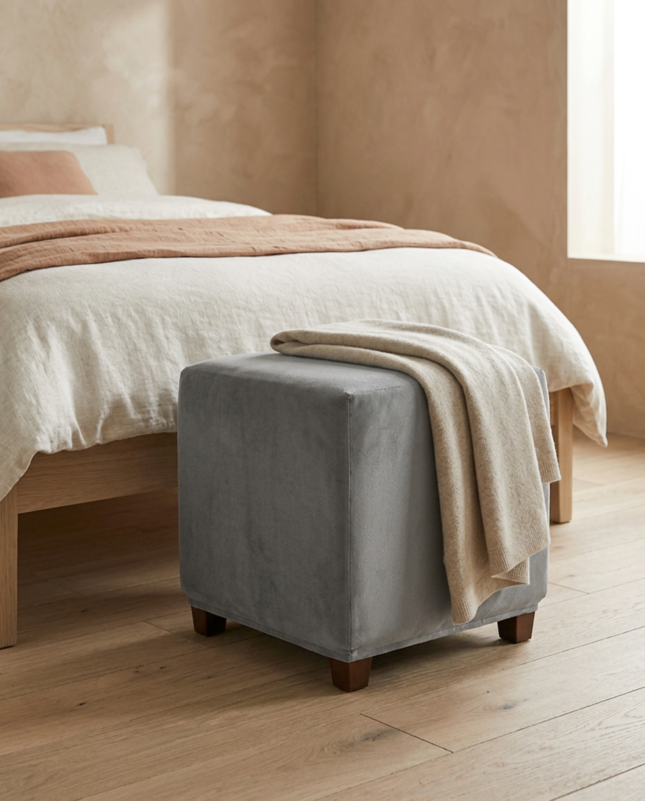 Velvet Ottoman Cover — on a footstool at the foot of a linen bed in morning light