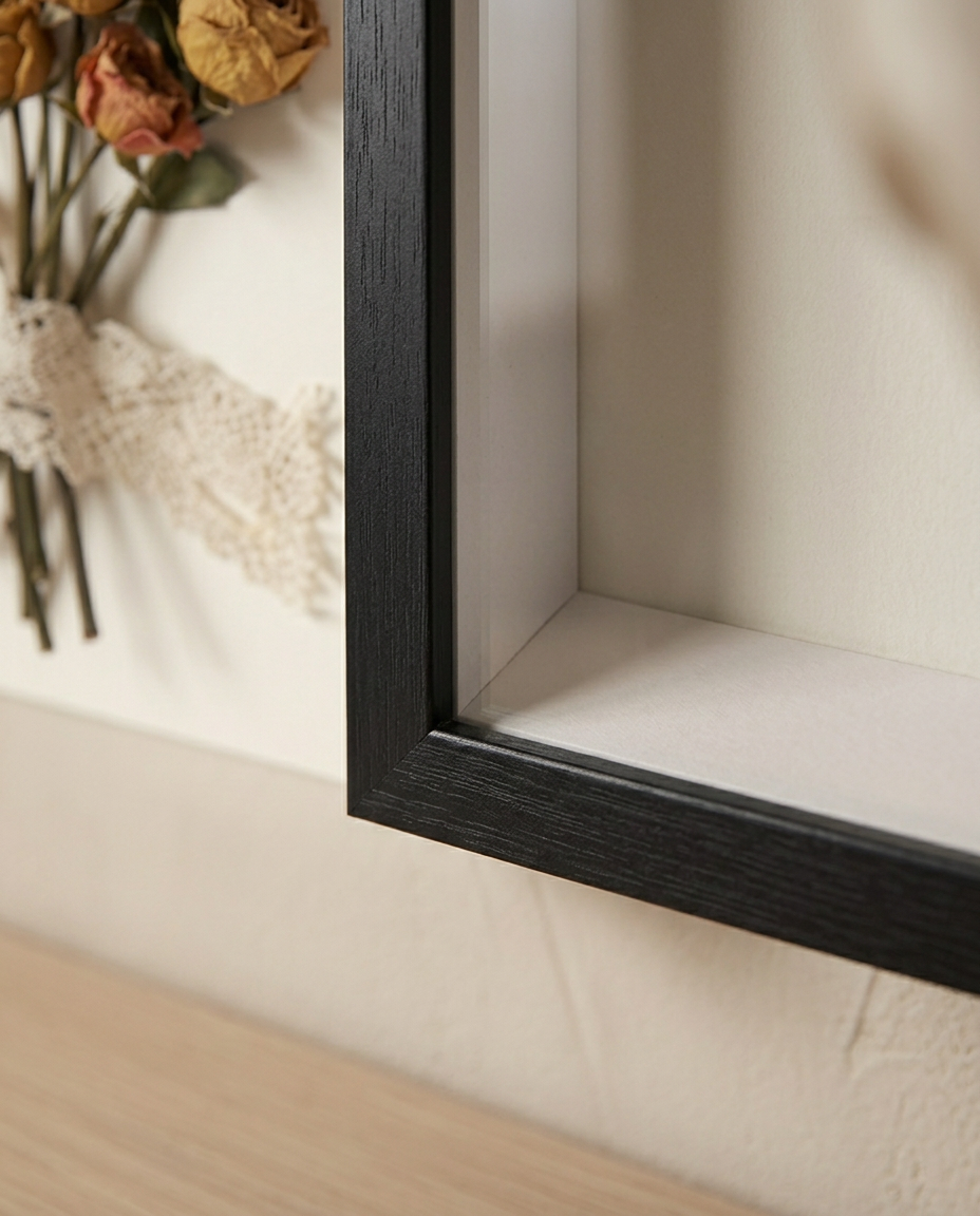 Wooden Shadow Box Frame — close detail of the timber corner joint and box rebate