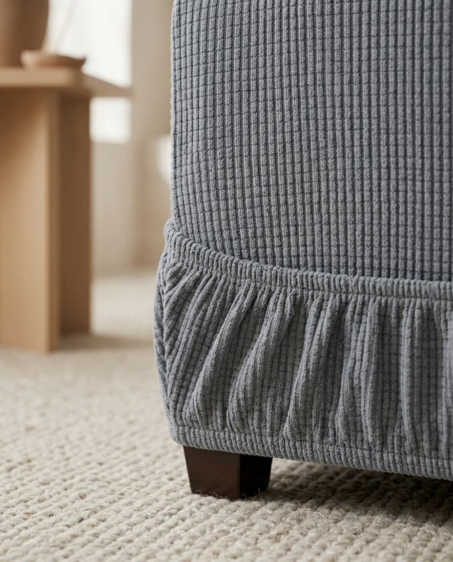 Stretch Ottoman Cover — close detail of the ribbed stretch knit and elasticated hem