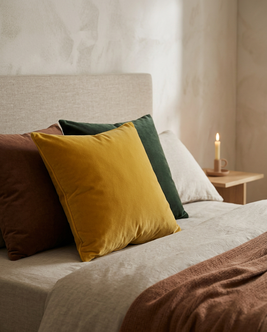 Velvet Cushion Cover — against a linen headboard in soft evening light