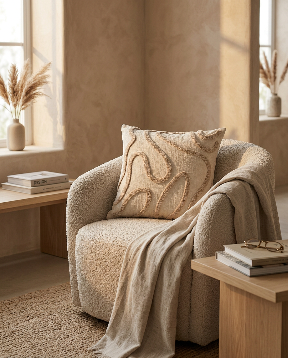 Chenille Geometric Cushion Cover — on a boucle armchair in a reading corner at golden hour