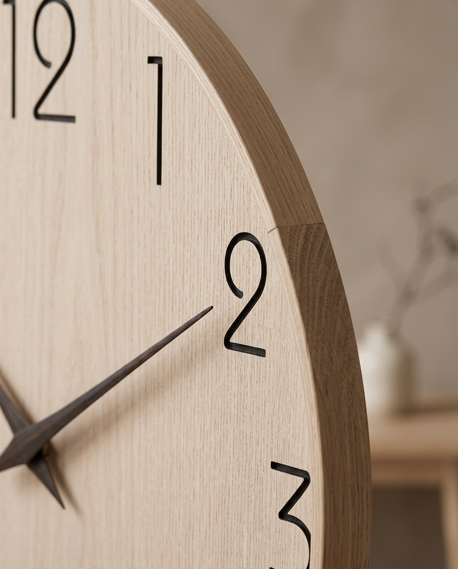 Wooden Silent Wall Clock — close detail of the timber dial grain and rim