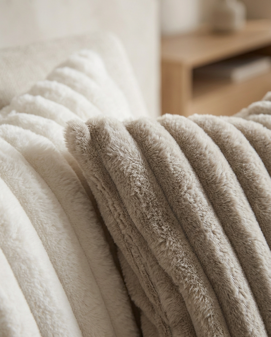 Striped Plush Cushion Cover — close detail of the plush pile stripes and stitched edge