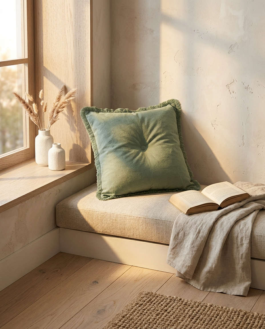 Tasselled Cushion Cover — in a window seat at golden hour with an open book