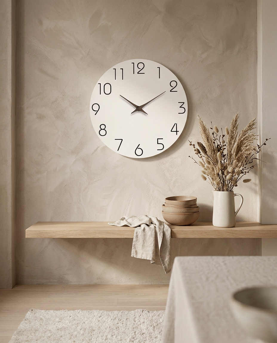 Wooden Silent Wall Clock — above an oak kitchen shelf in early morning light