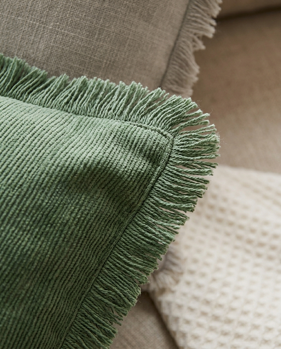 Tasselled Cushion Cover — close detail of the corner tassel and woven fabric