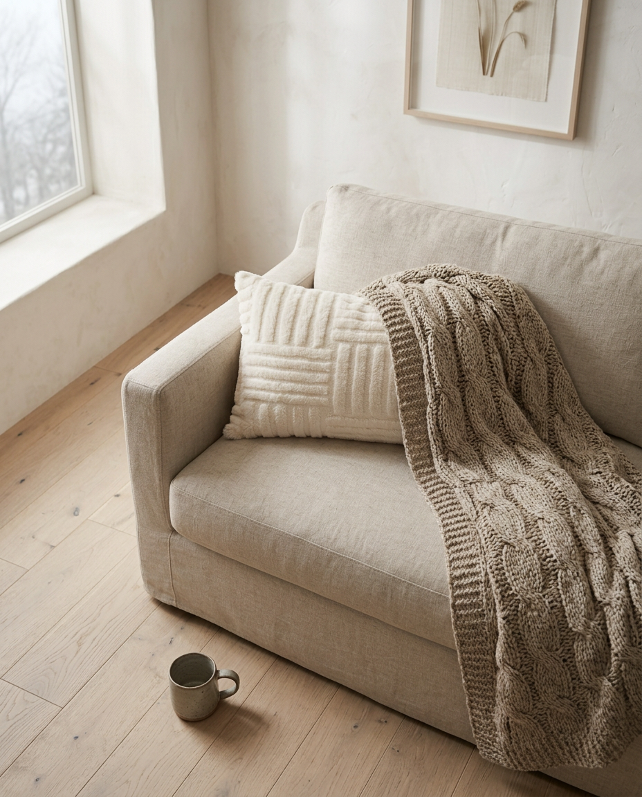 Faux Fur Cushion Cover — nestled on a linen sofa on a winter afternoon, seen from above