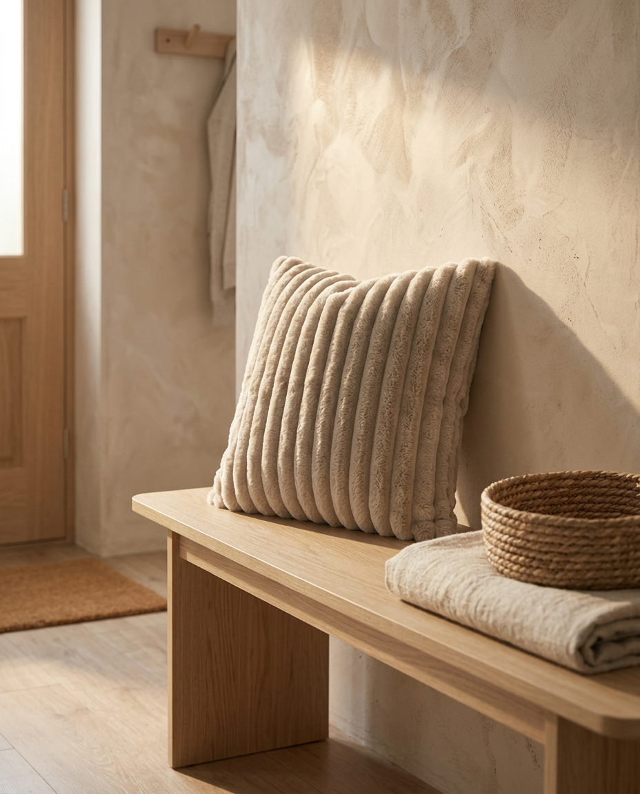 Striped Plush Cushion Cover — on an oak bench in a sunlit entryway