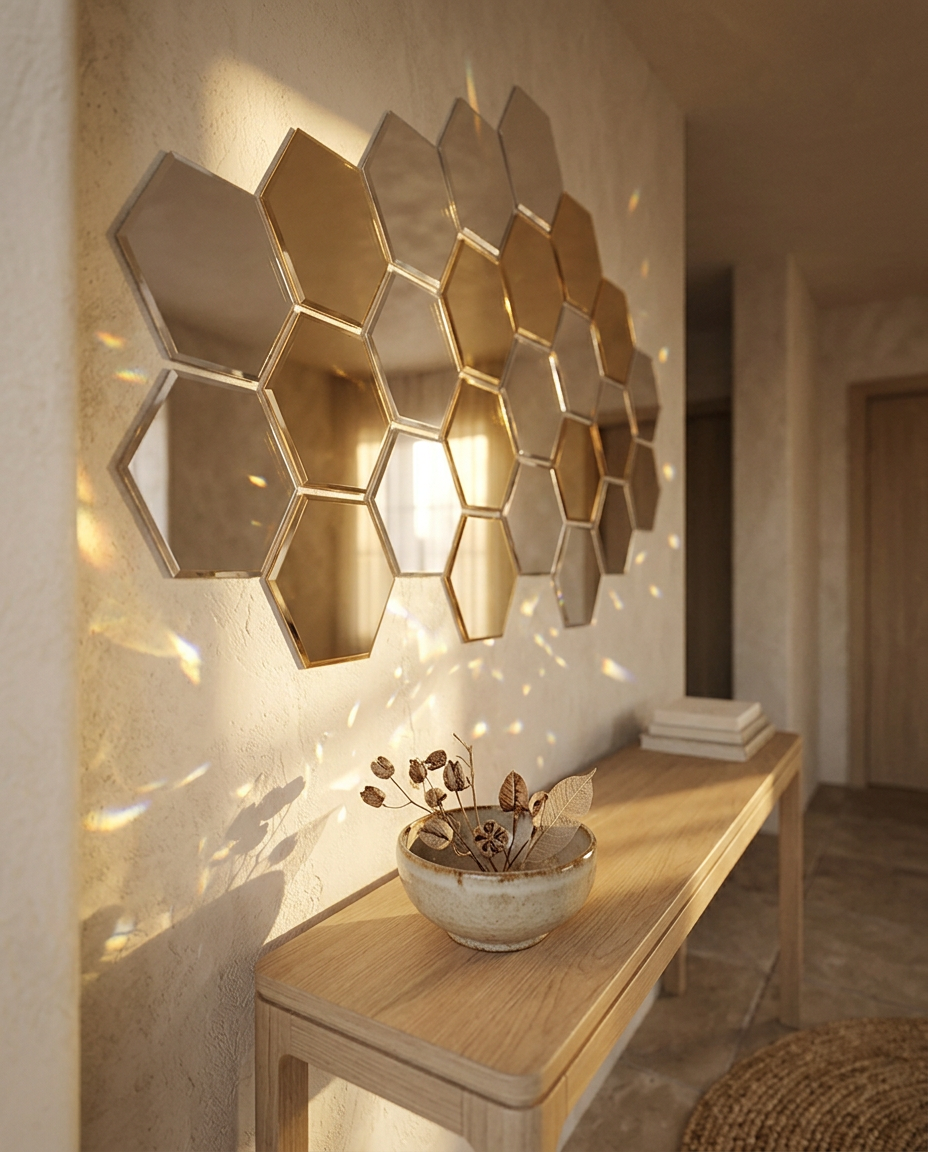 Hexagon Mirror Wall Tiles — in an entryway at golden hour above an oak console