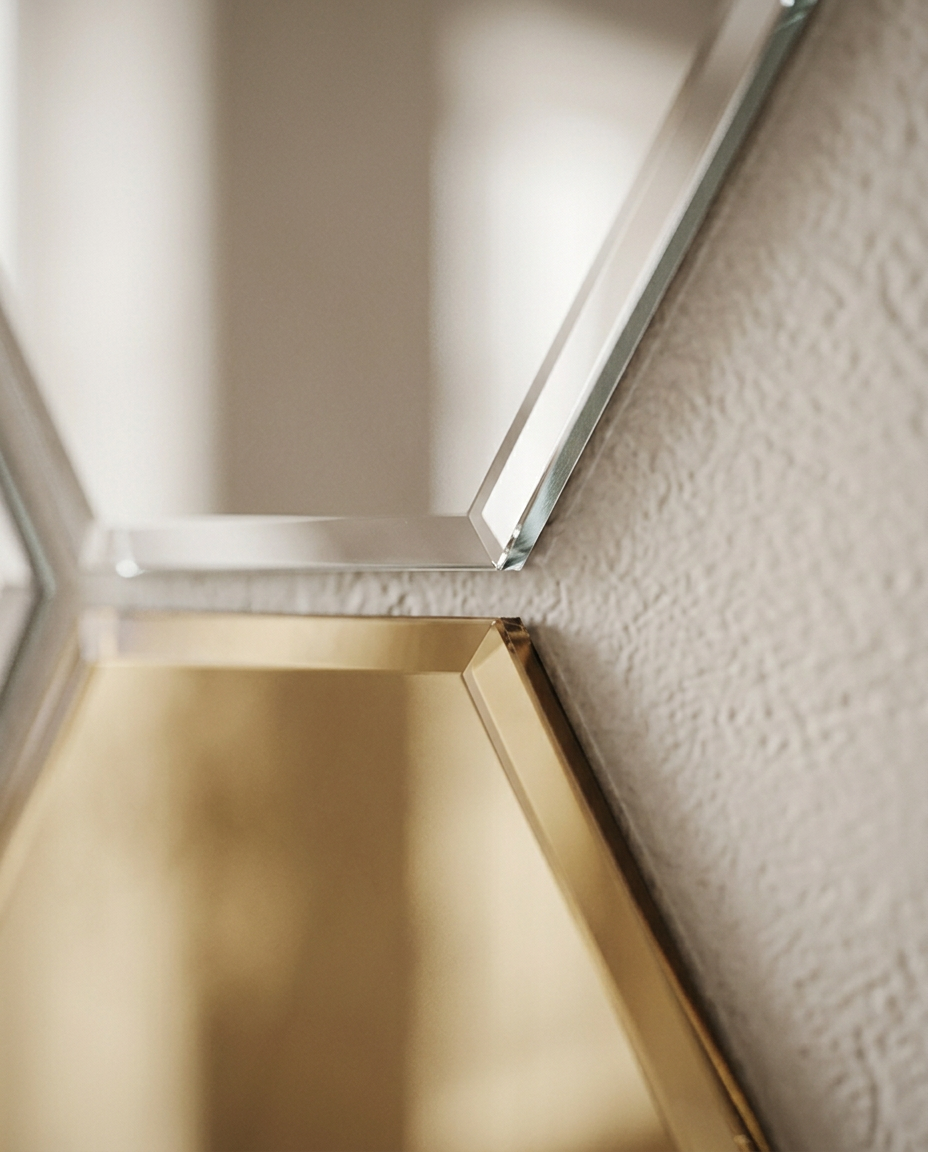 Hexagon Mirror Wall Tiles — close detail of the bevelled edge where two tiles meet